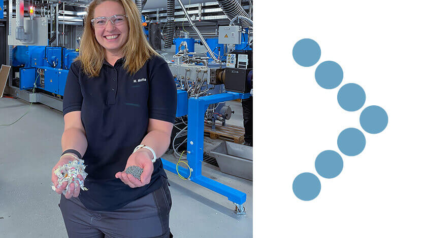 Coperion employee with plastic waste and recyclates in hands